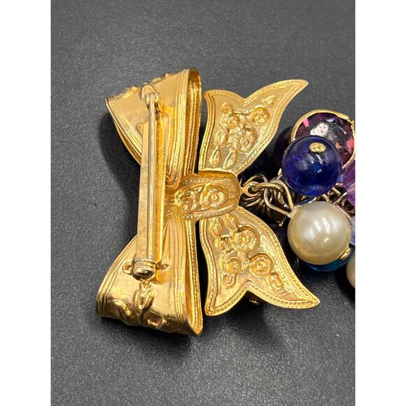 Vintage Gold Tone Bow Teardrops Blues and Purples Dangle Brooch - Picture 6 of 8
